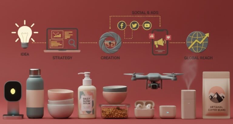A horizontal 3D minimalist product strip featuring electronics, beauty serums, home goods, and food packaging in a red, dark grey, and yellow color palette, transitioning into digital marketing platform icons.