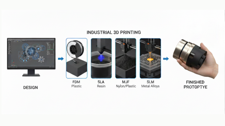 Industrial 3D printing workflow showing CAD design to finished prototype using FDM, SLA, MJF, and SLM technologies.