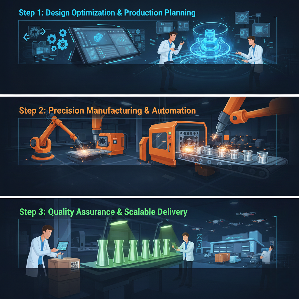 Three-step mass manufacturing workflow showing design optimization, automated precision manufacturing, and quality assurance with scalable delivery.