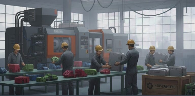 Automated industrial factory with robotic arms, CNC machines, and conveyor belts producing metal components in a modern smart manufacturing environment.