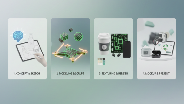 Four-step 3D product design workflow showing concept sketching on a tablet, 3D modeling of a drone, texturing and rendering of products, and final mockup presentation on devices.