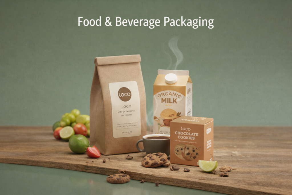 Food and beverage packaging mockup featuring organic milk carton, chocolate cookies box, and coffee pouch arranged on a wooden table.