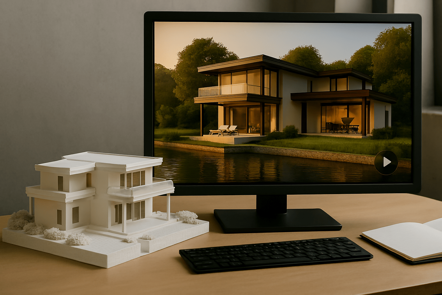 Architectural workspace with a 3D-printed villa model beside a monitor displaying its digital render.