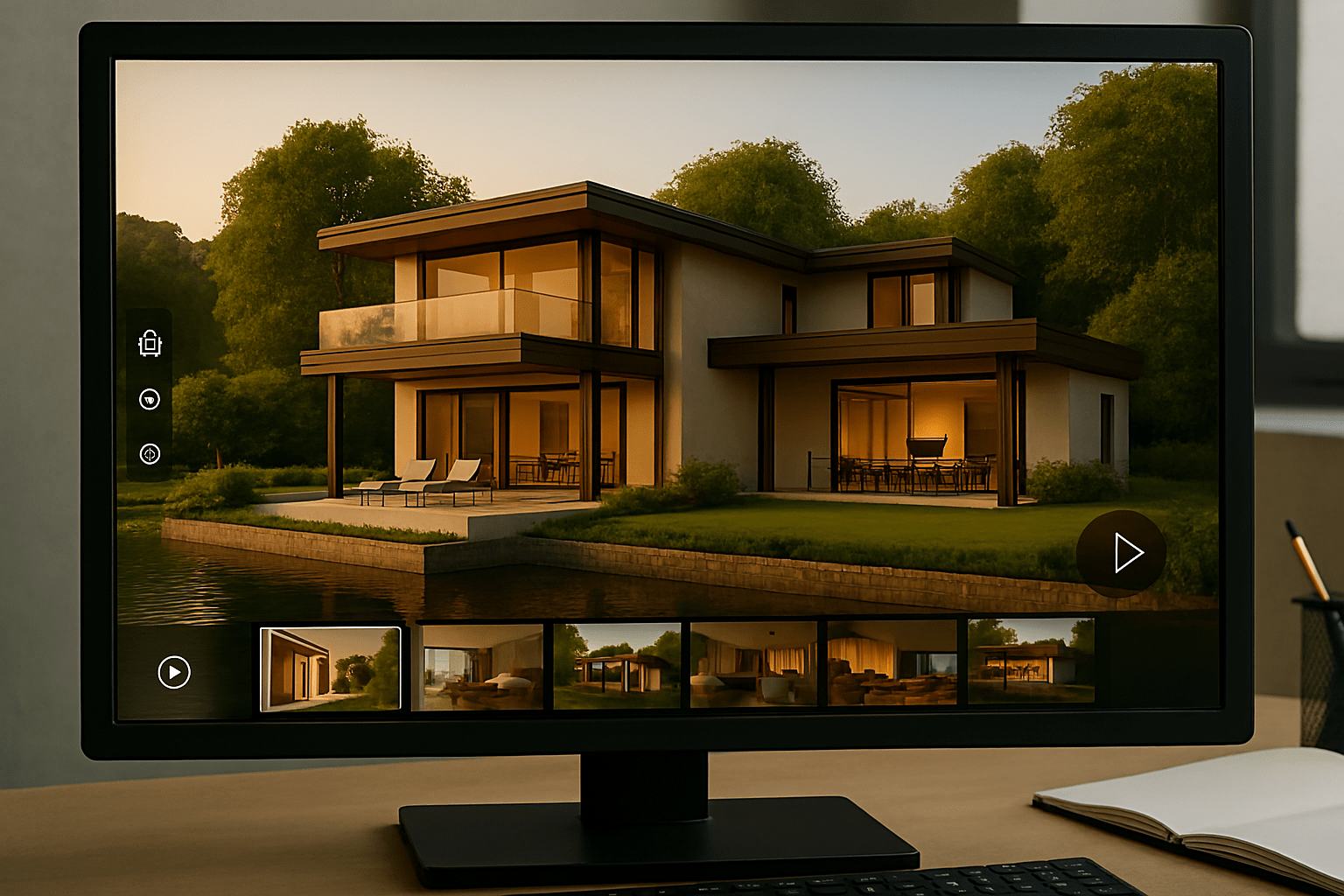 Computer monitor displaying a 3D architectural walkthrough of a modern riverside villa with interactive UI elements.