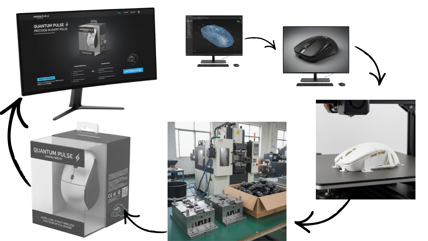 A circular workflow diagram illustrating the stages of product development: starting from a 3D CAD wireframe, moving to a realistic digital render, followed by a 3D-printed prototype, industrial factory manufacturing, final retail packaging, and ending with a digital marketing website.