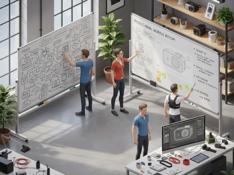 An isometric 3D illustration of the RMS3DSolution design team brainstorming and ideating on "Project Nova," a wearable body camera, using whiteboards and 3D modeling workstations in a modern industrial office.