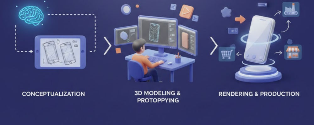 Illustration showing the product design process from client inputs and concept development to 3D modeling, simulation, prototyping, and testing