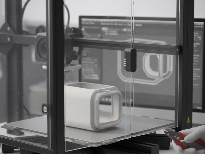 A close-up of a 3D printer inside a clear protective enclosure, actively printing a white, rectangular hollow prototype. In the background, a computer screen displays 3D modeling software, and a hand holding red wire cutters is visible in the foreground.