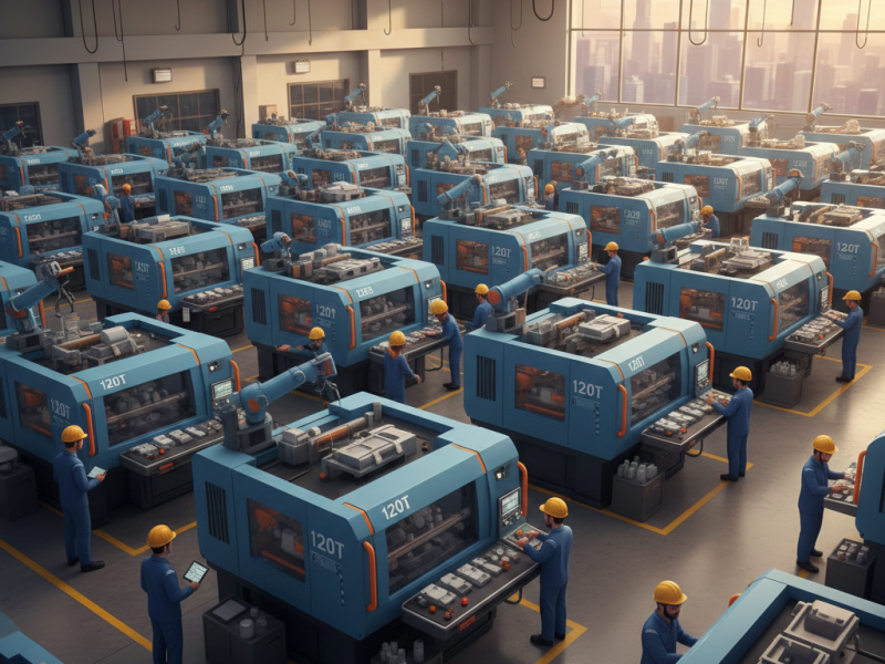 A high-angle view of a modern industrial factory floor filled with rows of blue "120T" precision manufacturing machines, operated by technicians in blue uniforms and yellow hard hats.